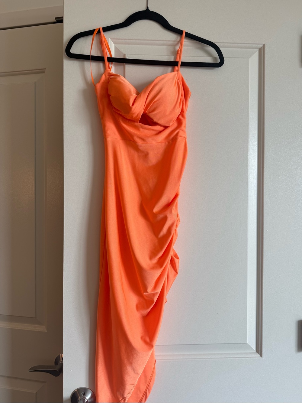 Windsor Vibrant Orange Spaghetti-Strap Ruched Midi Dress